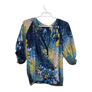 Gibson Abstract Print Blouse Medium Blue Boho Split Neck Top